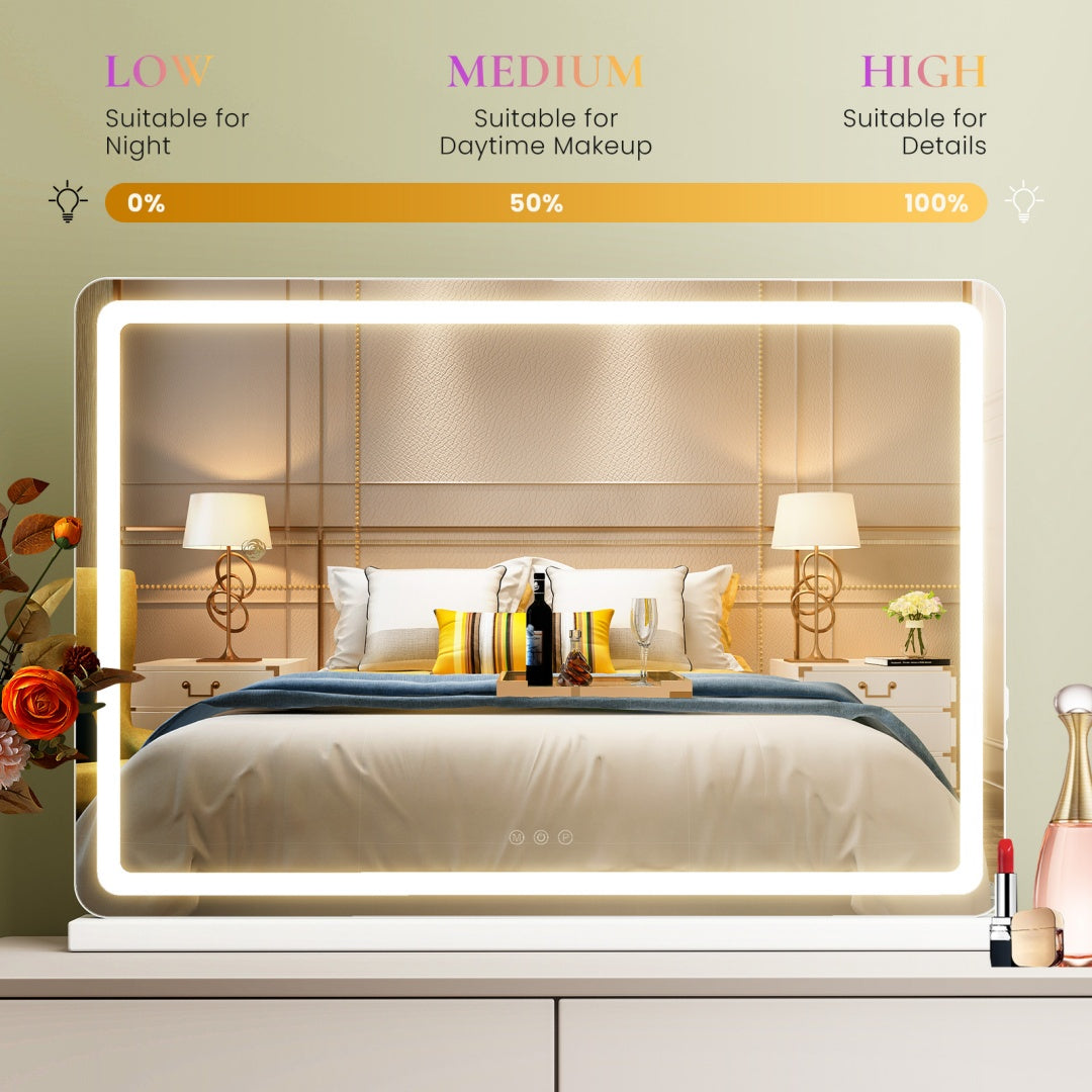 Vanity Mirror With Lights, LED Makeup Mirror With Dimmable 3 Color Modes, Touch Screen Control Vanity Based Mirror Desk Mirror Square White