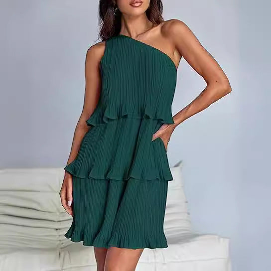 Casual Women's One Off-Shoulder Layered Stitching Hem Dress Simple Solid Color Dress Summer Street High Waist Comfortable Dresses